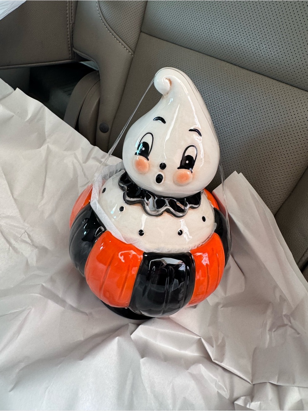 Johanna Parker Ceramic Halloween Ghost in Orange & Black Pumpkin canister